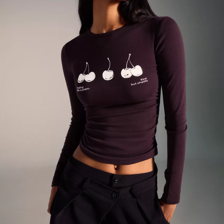 Bershka Camiseta manga larga fruncido print D2