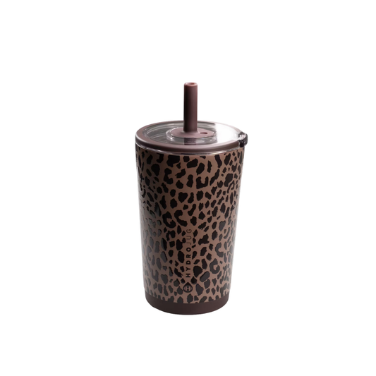 HydroJug Everyday Tumbler – Ceramic-Lined Insulated Tumbler with Straw and Soft-Touch Lid, Cup Holder Friendly – 14 oz, Brown Leopard