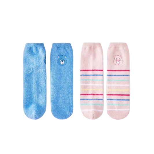 Women's Care Bears Furry Face Box of Cozy Embroidered Crew Socks - Pink/Blue 4-10